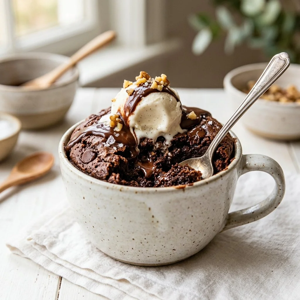 Delicious microwave mug brownie topped with chocolate in a ceramic mug