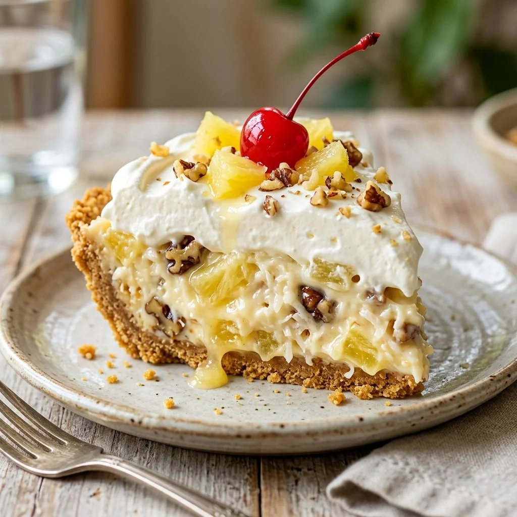 Delicious Million Dollar Pie topped with whipped cream and fruits