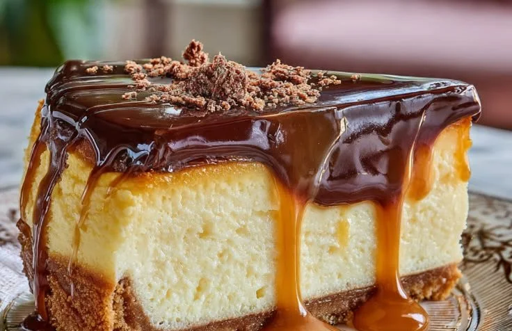 Slice of Millionaire's Cheesecake topped with chocolate and caramel drizzle