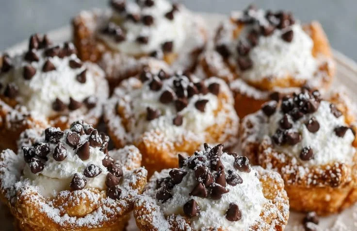 Mini cannoli cups filled with sweet ricotta cream and topped with chocolate chips.