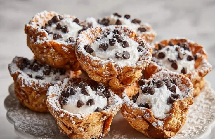Delicious mini cannoli cups filled with sweet ricotta cream and chocolate chips