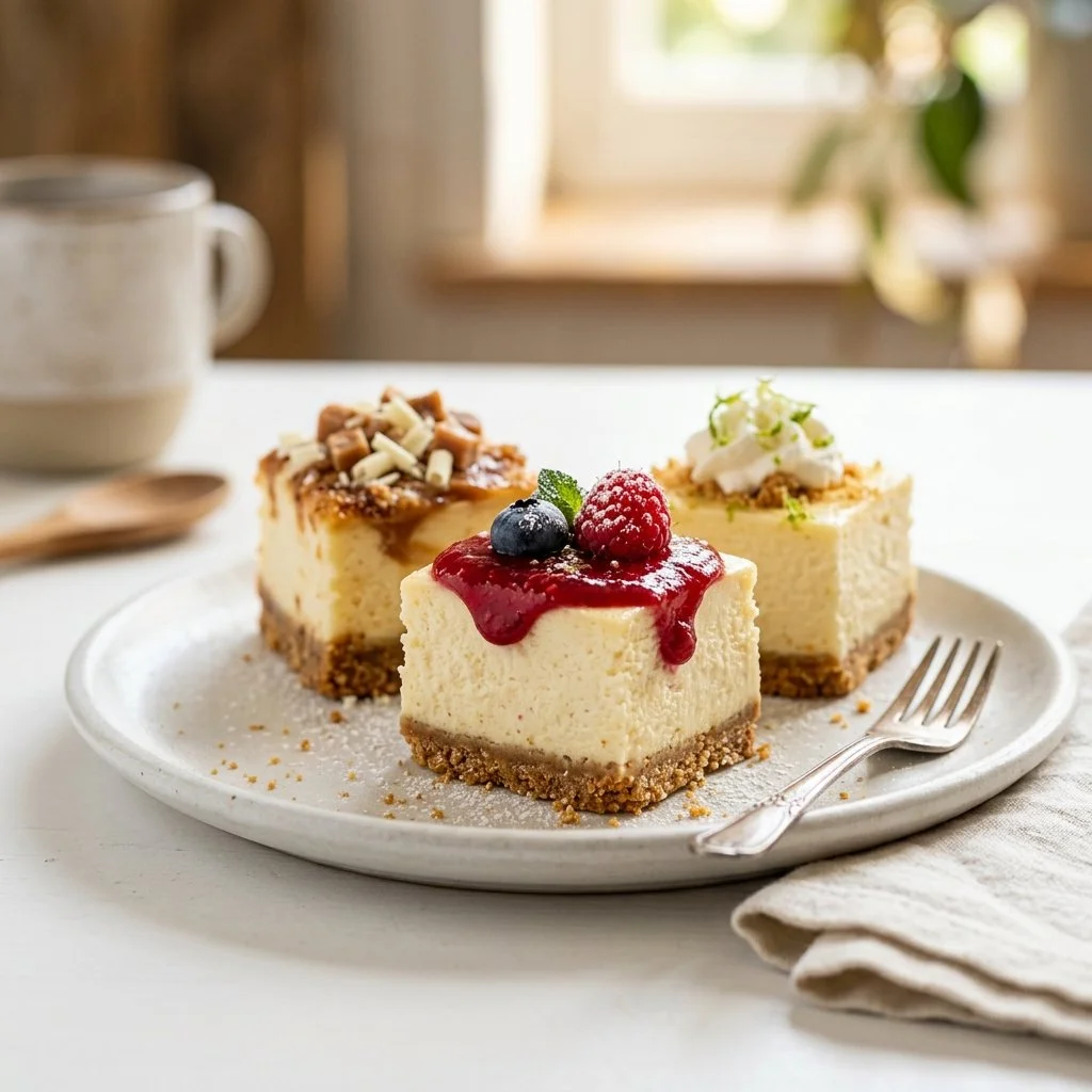 Delicious mini cheesecake bites served on a platter.
