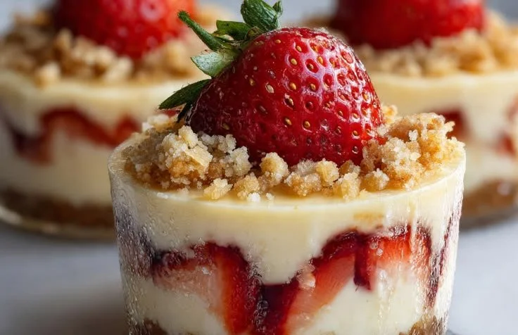 Delicious mini cheesecake cups topped with fruit and chocolate.