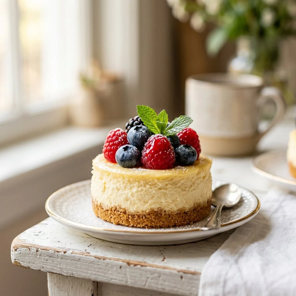 Delectable mini cheesecakes with various toppings displayed on a plate