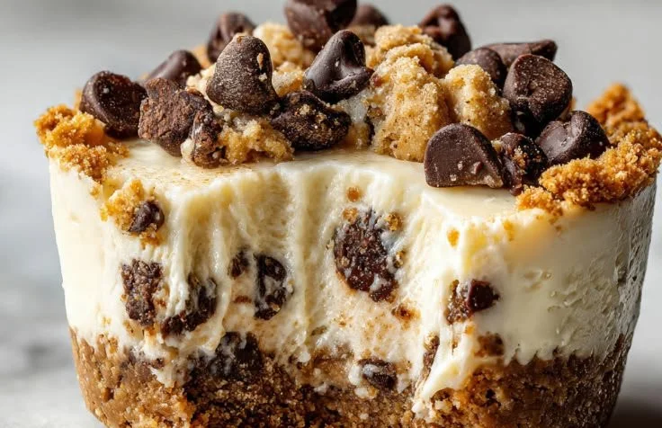 Mini Cookie Dough Cheesecake Cups topped with chocolate chips and cookie dough