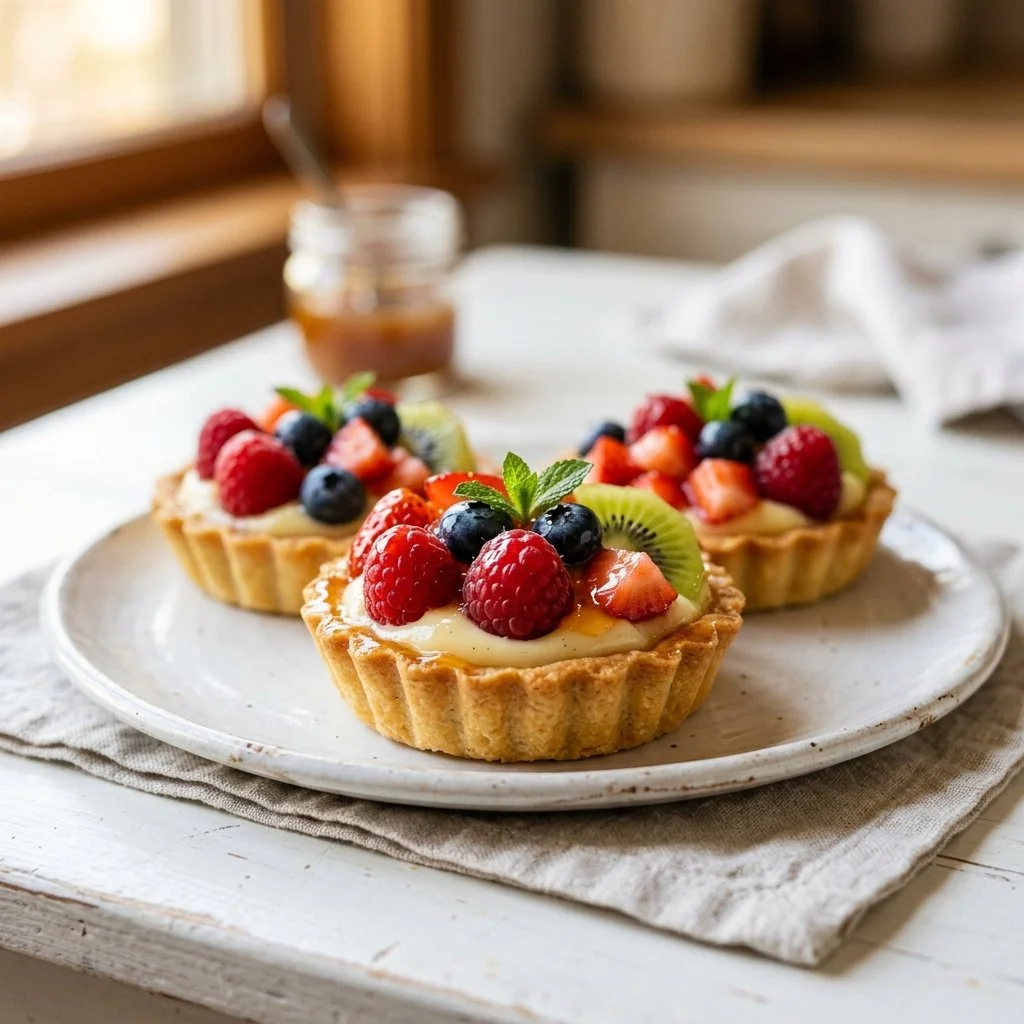 Mini fruit tarts topped with fresh berries and vibrant fruits.