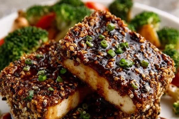 Delicious Miso Tofu Steaks with a crunchy sesame crust served on a plate