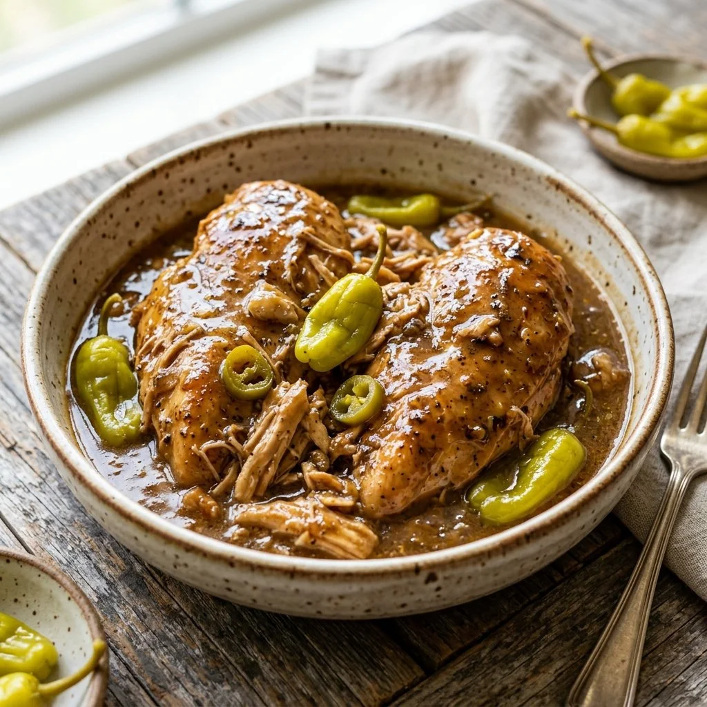 Delicious plate of Mississippi Chicken with rice and vegetables