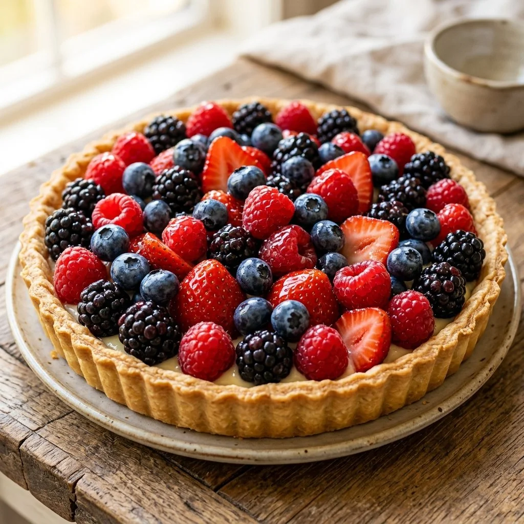 Delicious mixed berry tart with a variety of fresh berries and a flaky crust