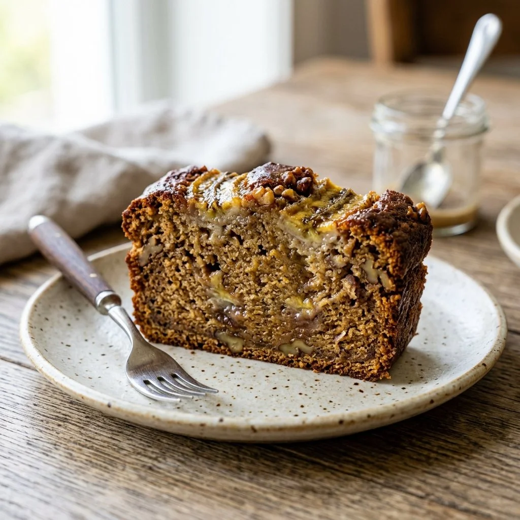 Freshly baked moist banana bread loaf on a wooden table