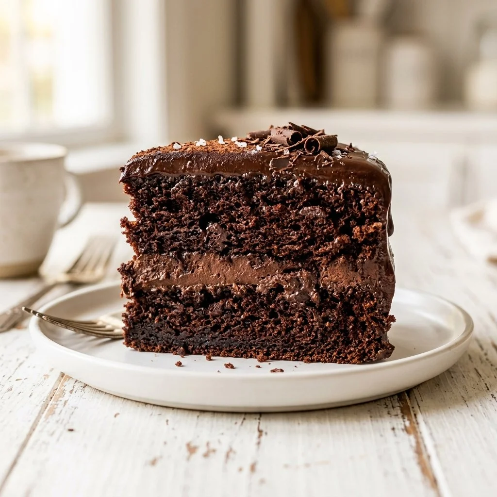 Moist chocolate cake with rich frosting and decorations