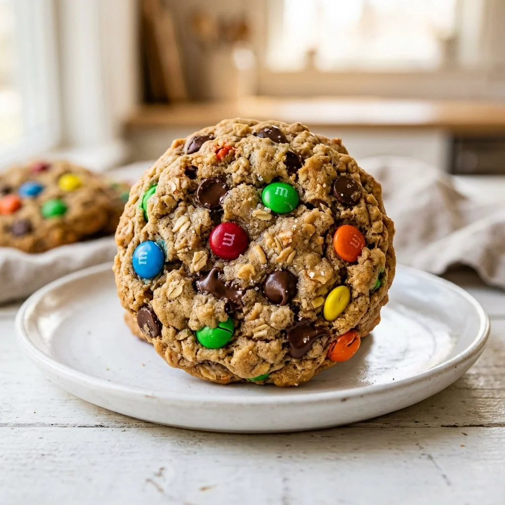 Delicious Monster Cookies filled with chocolate chips and colorful candies