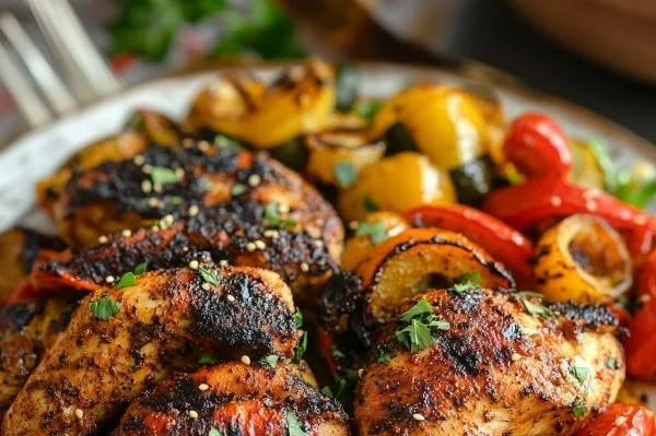 Spicy Moroccan Harissa Chicken served with fresh herbs and vegetables