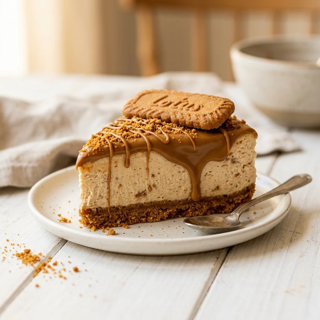 Delicious no-bake Biscoff cheesecake topped with cookie crumbles