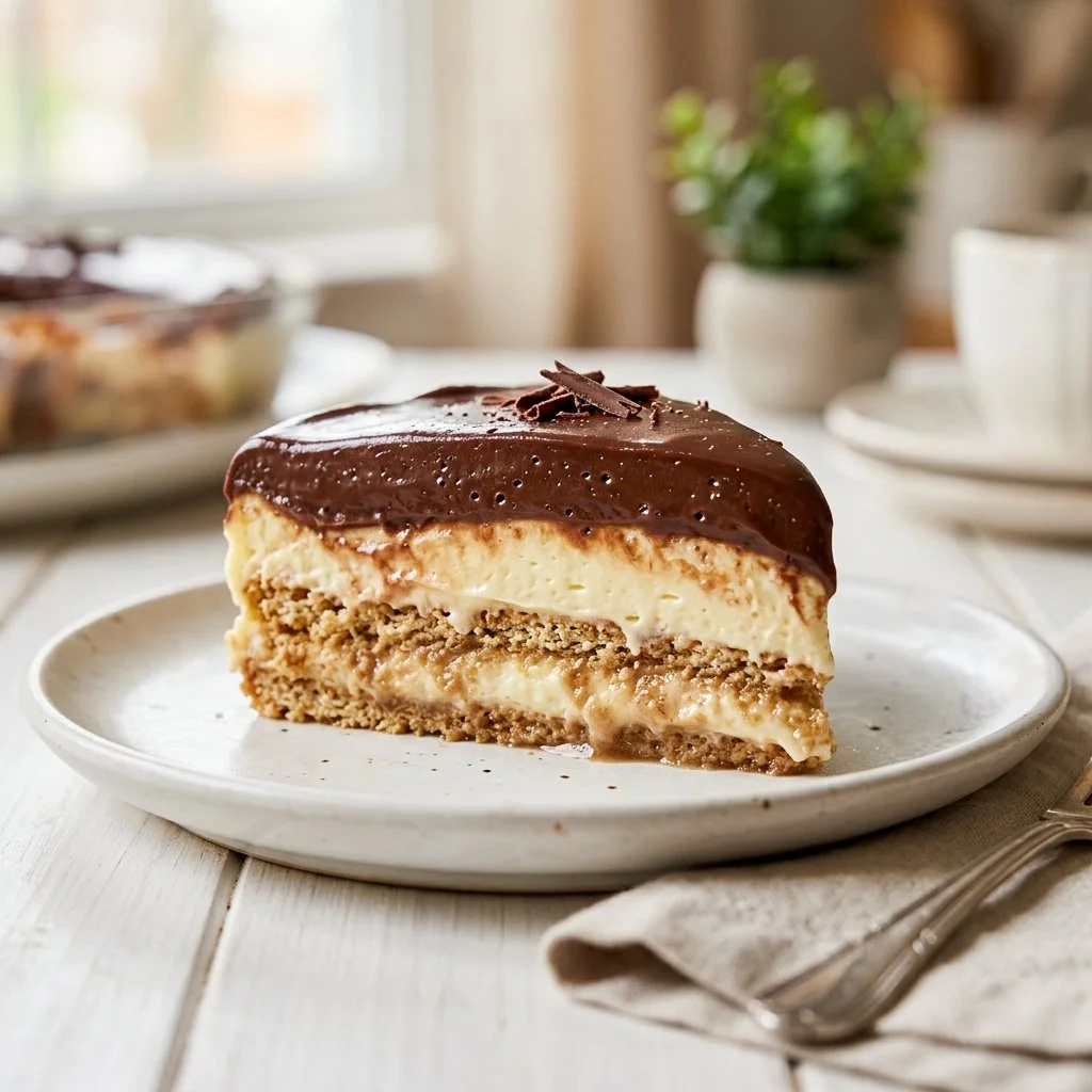 Delicious no-bake chocolate eclair cake topped with chocolate ganache.