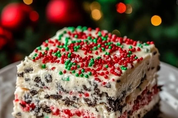No-Bake Christmas Oreo Lasagna layered dessert with chocolate and cream.
