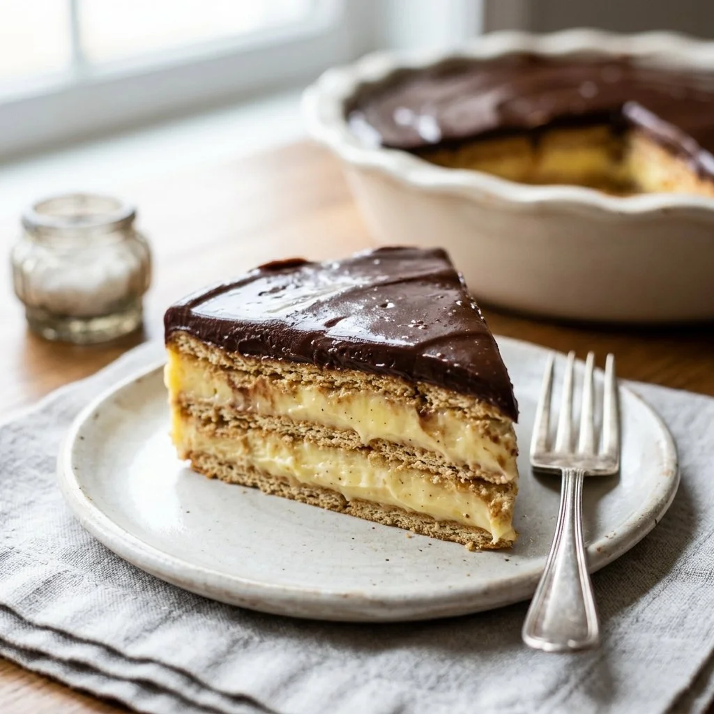 No-Bake Eclair Cake with creamy layers and chocolate topping