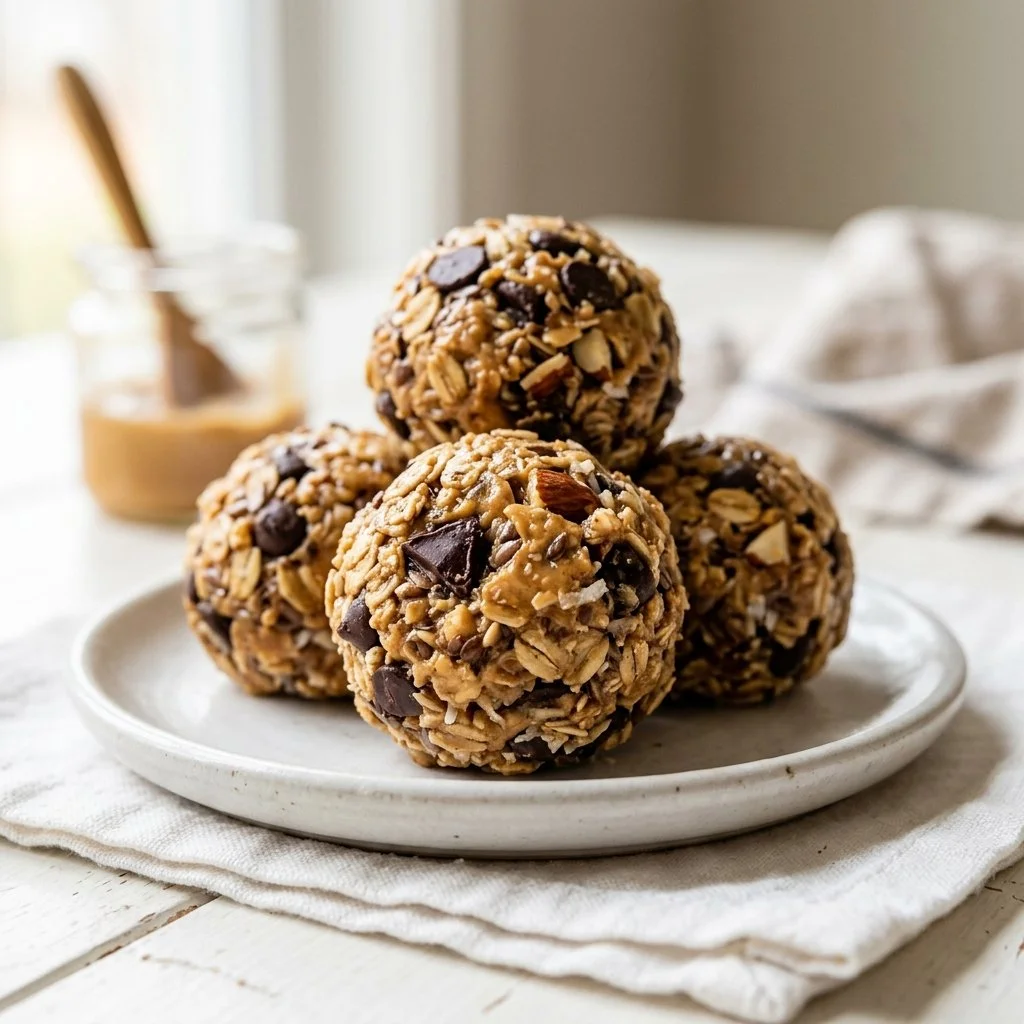 Healthy no-bake energy bites made with oats, peanut butter, and chocolate.