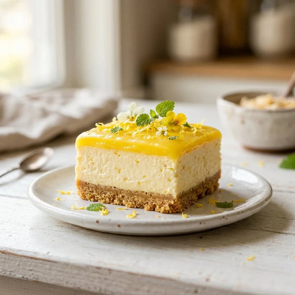 No-bake lemon cheesecake bars topped with lemon zest and fresh berries