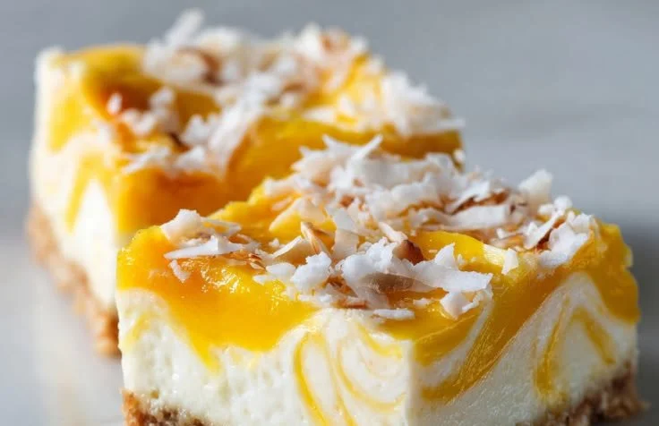 No-Bake Mango Coconut Bars topped with fresh mango slices and shredded coconut