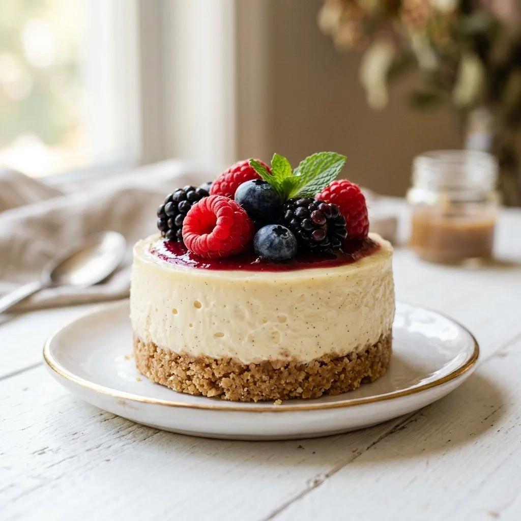 No-bake mini cheesecakes arranged on a platter with fresh berries.