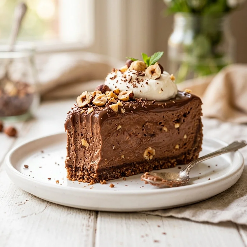 Delicious no-bake Nutella cheesecake topped with chocolate and hazelnuts