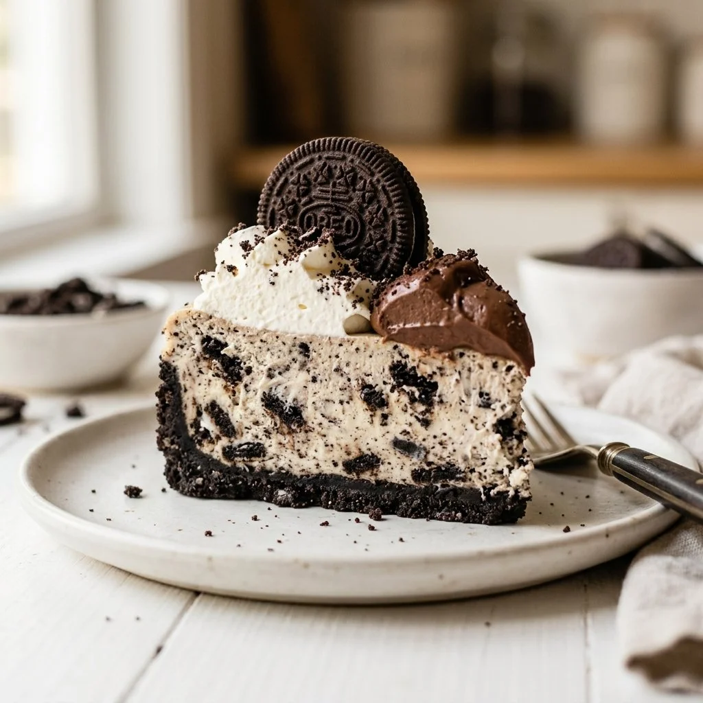 No-Bake Oreo Cheesecake topped with crushed Oreos on a plate
