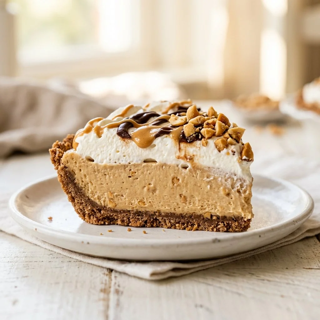 Delicious no-bake peanut butter pie topped with whipped cream and chocolate drizzle