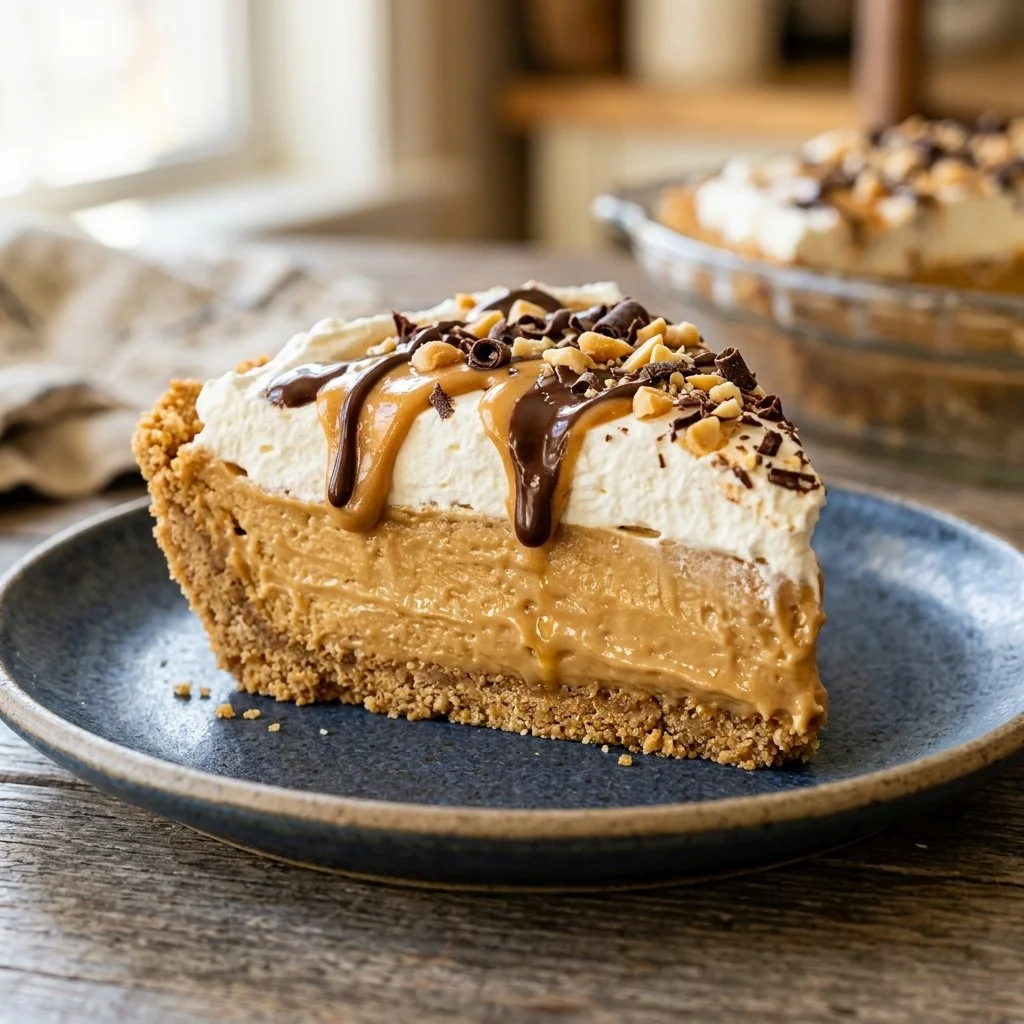 Delicious no-bake peanut butter pie served on a plate