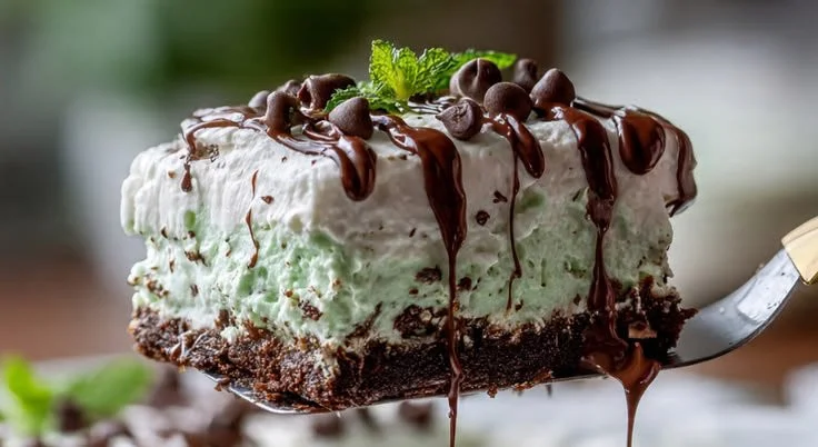 No-Bake Shamrock Mint Chocolate Lasagna dessert on a plate