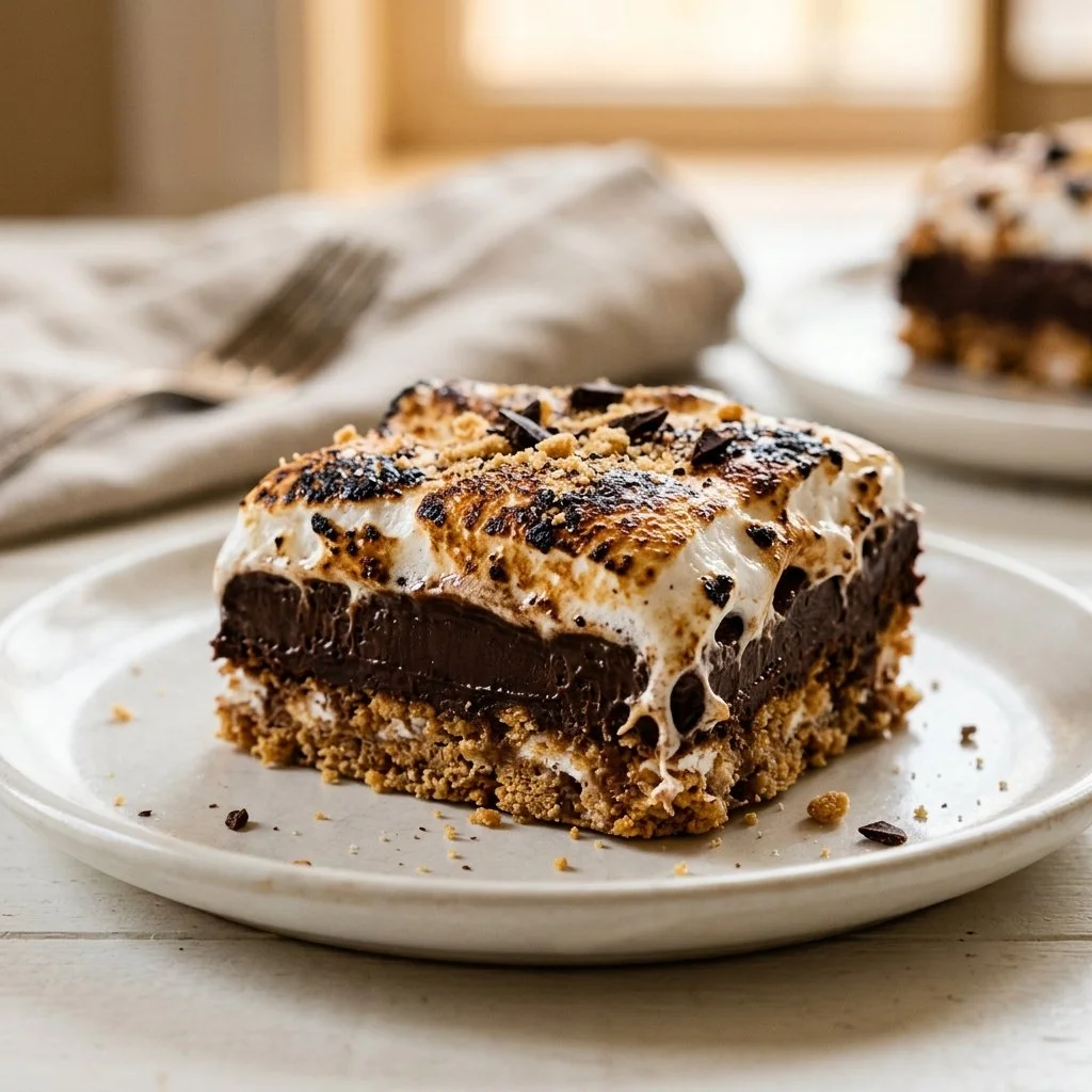 No-bake S'mores Bars topped with chocolate and marshmallows