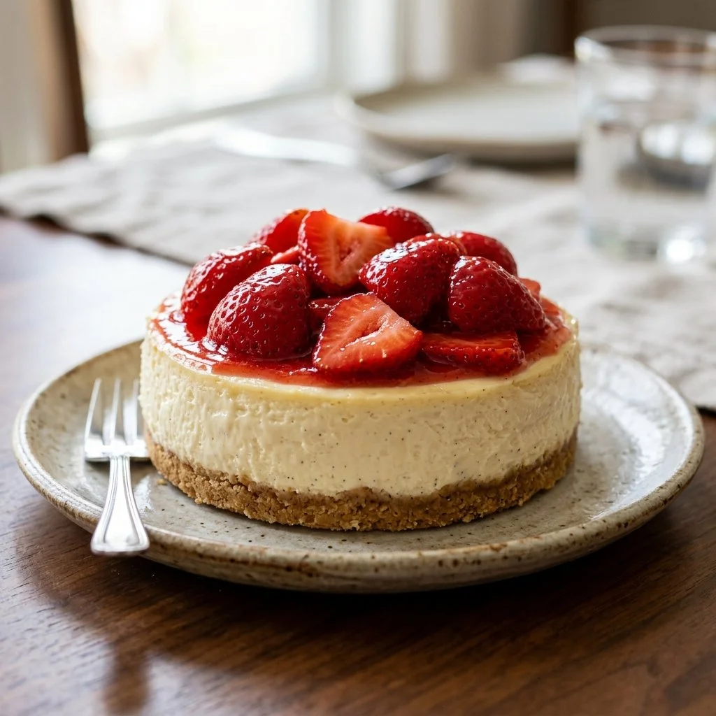 Delicious no-bake strawberry cheesecake topped with fresh strawberries