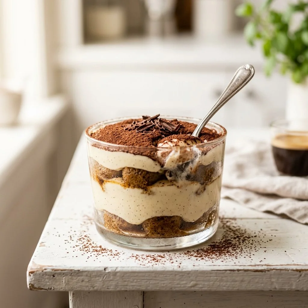 Delicious no-bake tiramisu cups dessert with layers of coffee and cream