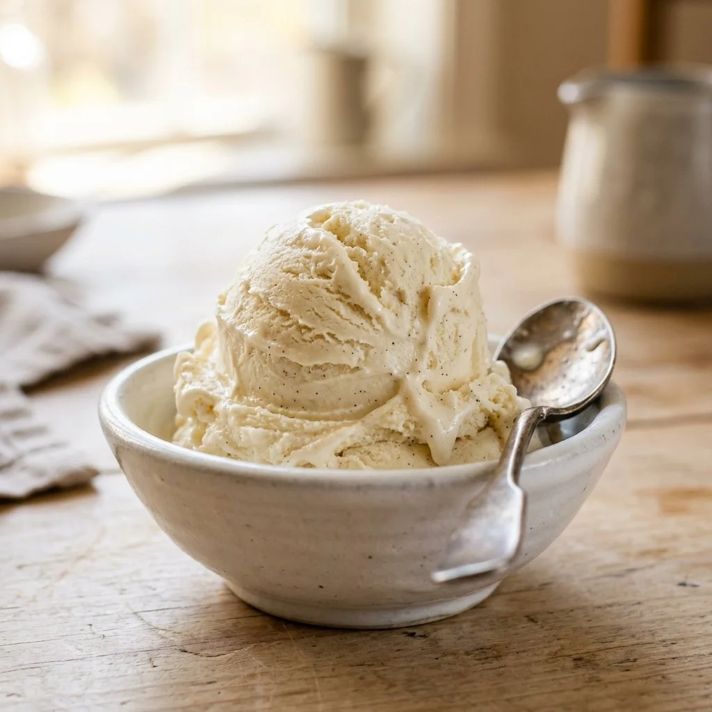 Delicious no-churn vanilla ice cream served in a bowl