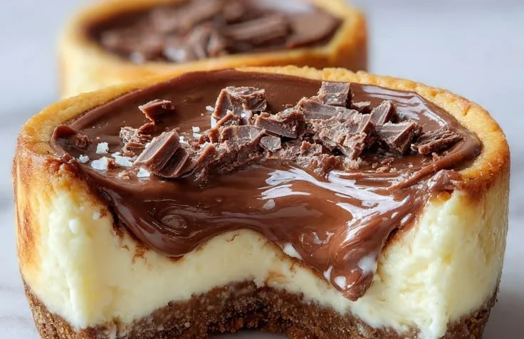 Delicious Nutella cheesecake bites topped with chocolate drizzle.
