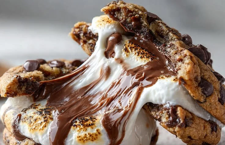 Freshly baked Nutella Marshmallow Cookies with melted chocolate and marshmallows