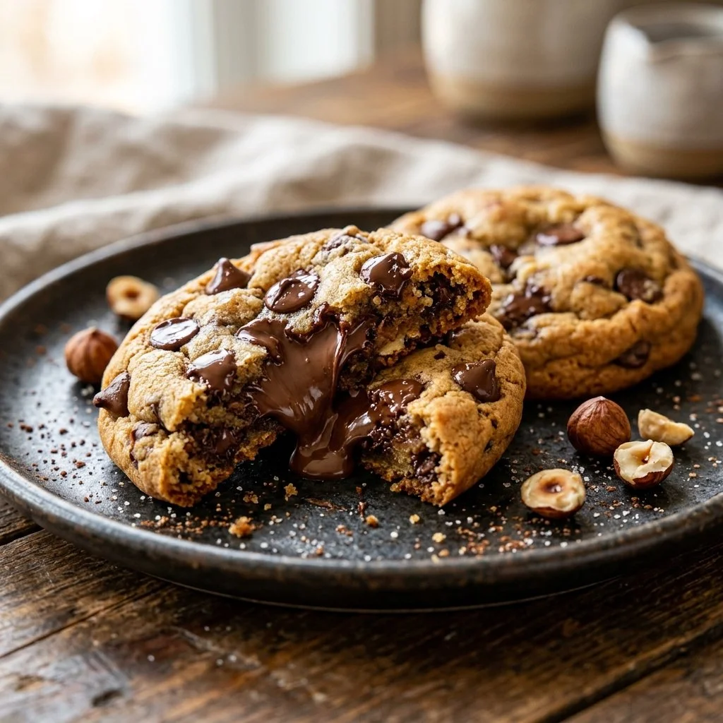 Freshly baked Nutella stuffed cookies with chocolate oozing out