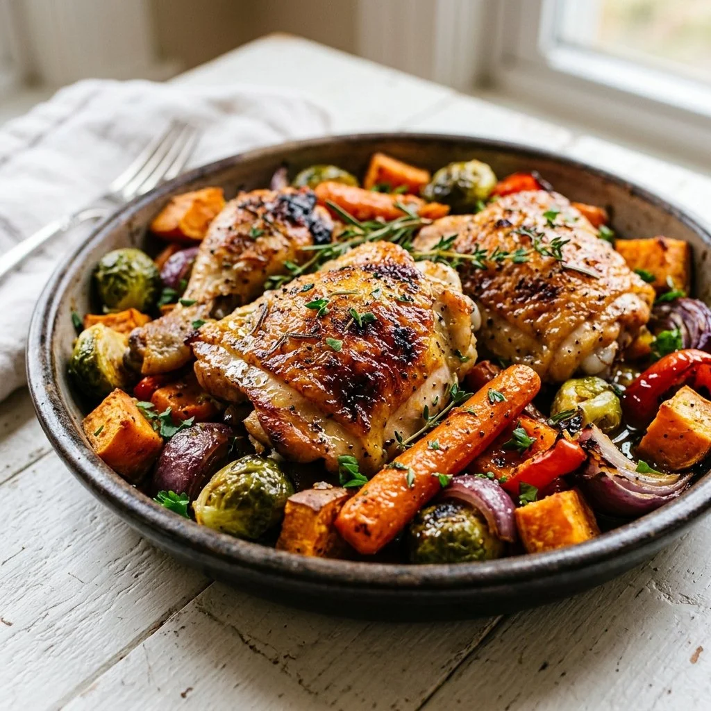 One-pan chicken with colorful vegetables ready to serve