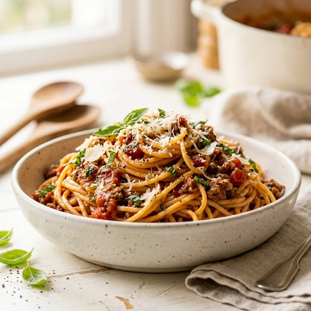 Delicious one-pot spaghetti recipe with fresh ingredients and simple steps.