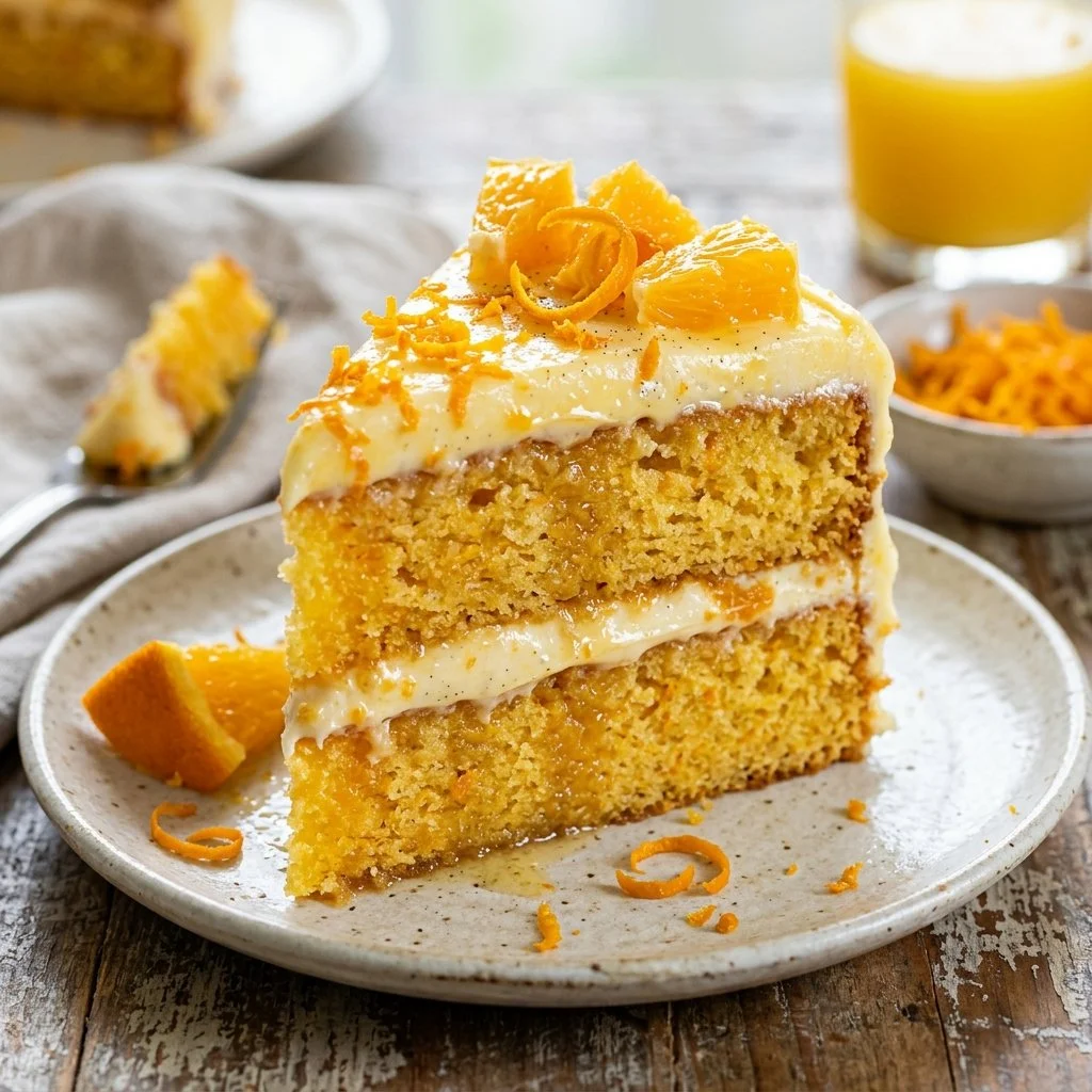 Delicious homemade Orange Creamsicle Cake with orange frosting and fresh oranges