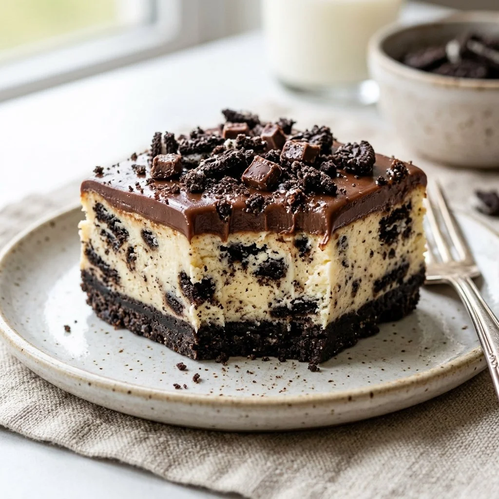Delicious Oreo Cheesecake Bars topped with crushed Oreos and cream.