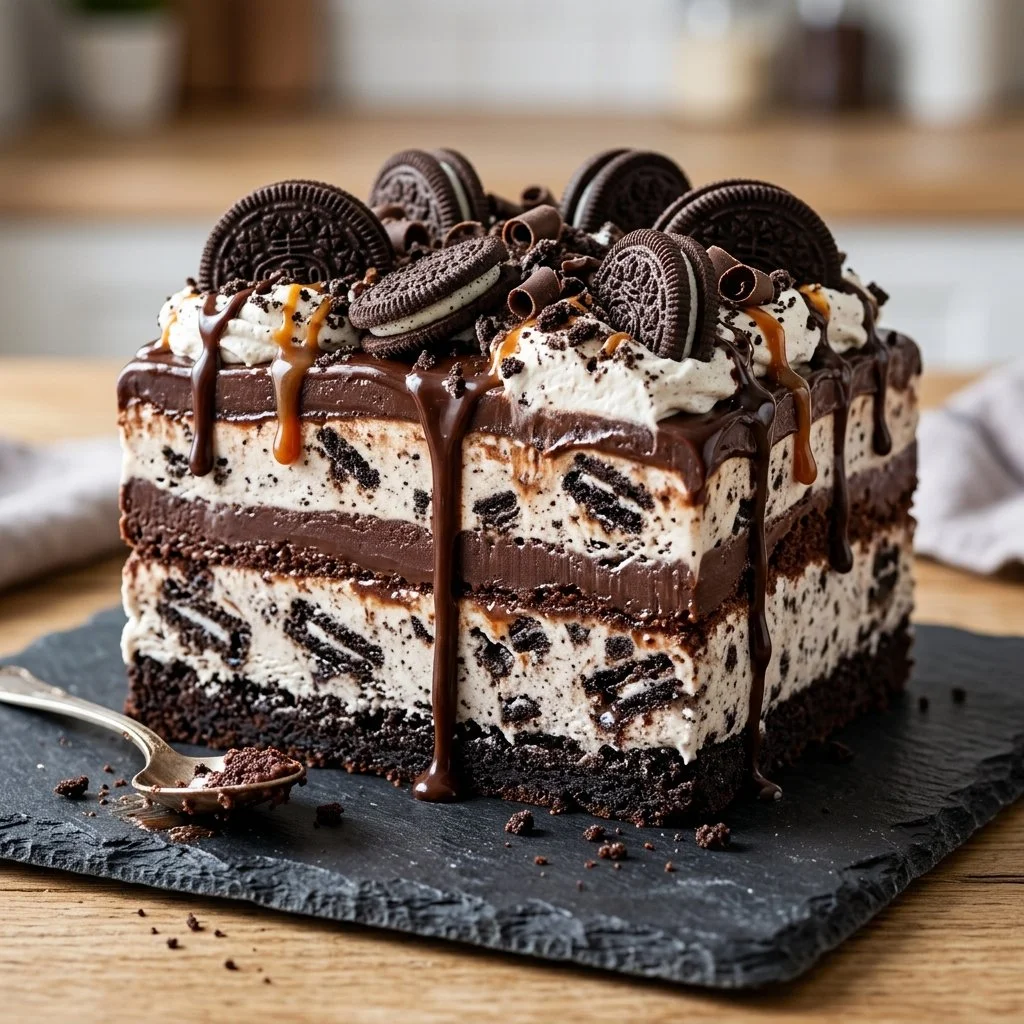 Delicious Oreo Ice Cream Cake with creamy layers and crushed Oreo topping