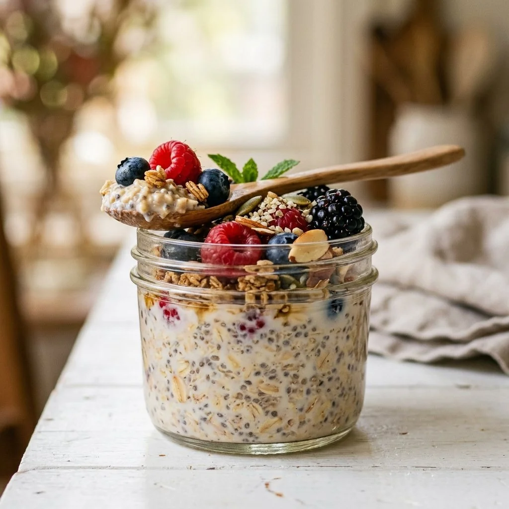 Bowl of colorful overnight oats topped with fruits and nuts for a nutritious breakfast.