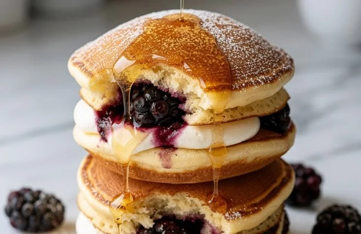 Pancake Bomb Minis with Blackberry Cream served on a plate