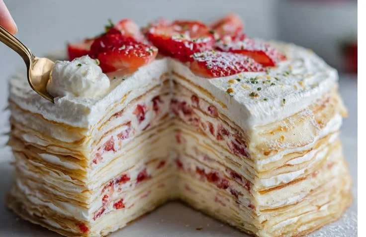 Pancake crepe cake with layers of pancakes and crepes topped with syrup