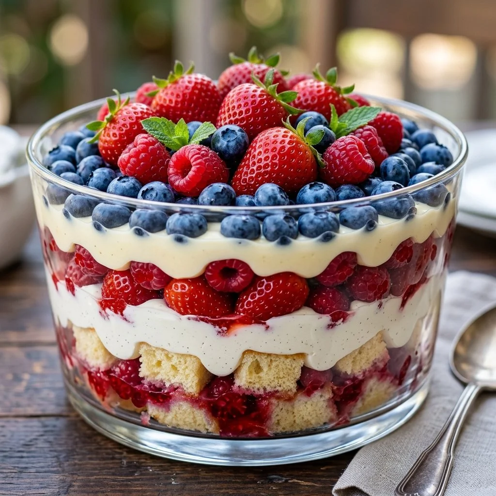 Patriotic berry trifle with layers of fresh berries and whipped cream