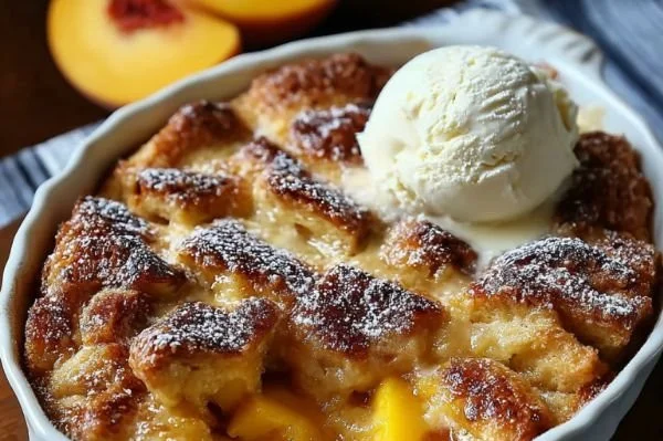 Delicious homemade Peach Bread Pudding served in a dish