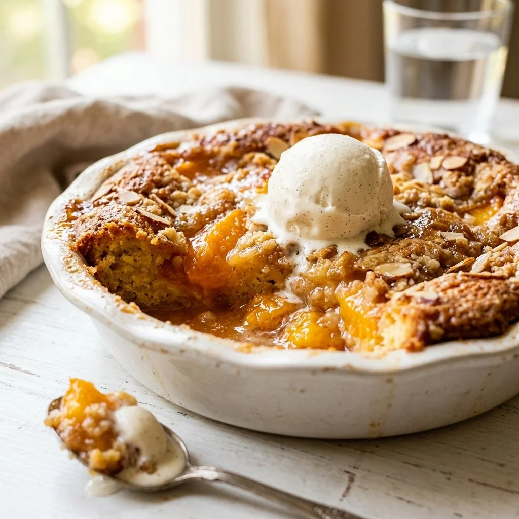 Delicious Peach Dump Cake topped with whipped cream and peaches