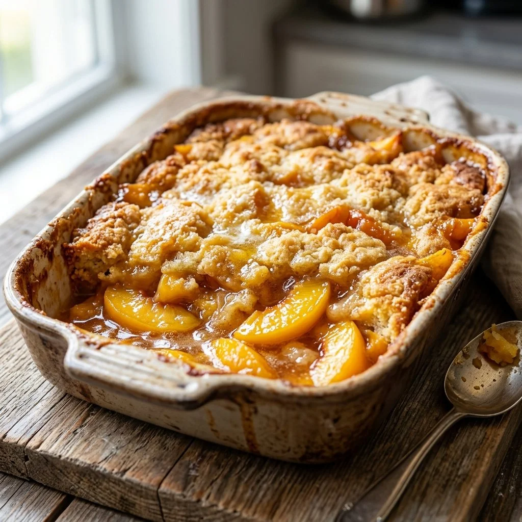 Delicious Peach Dump Cake topped with a golden crumble.