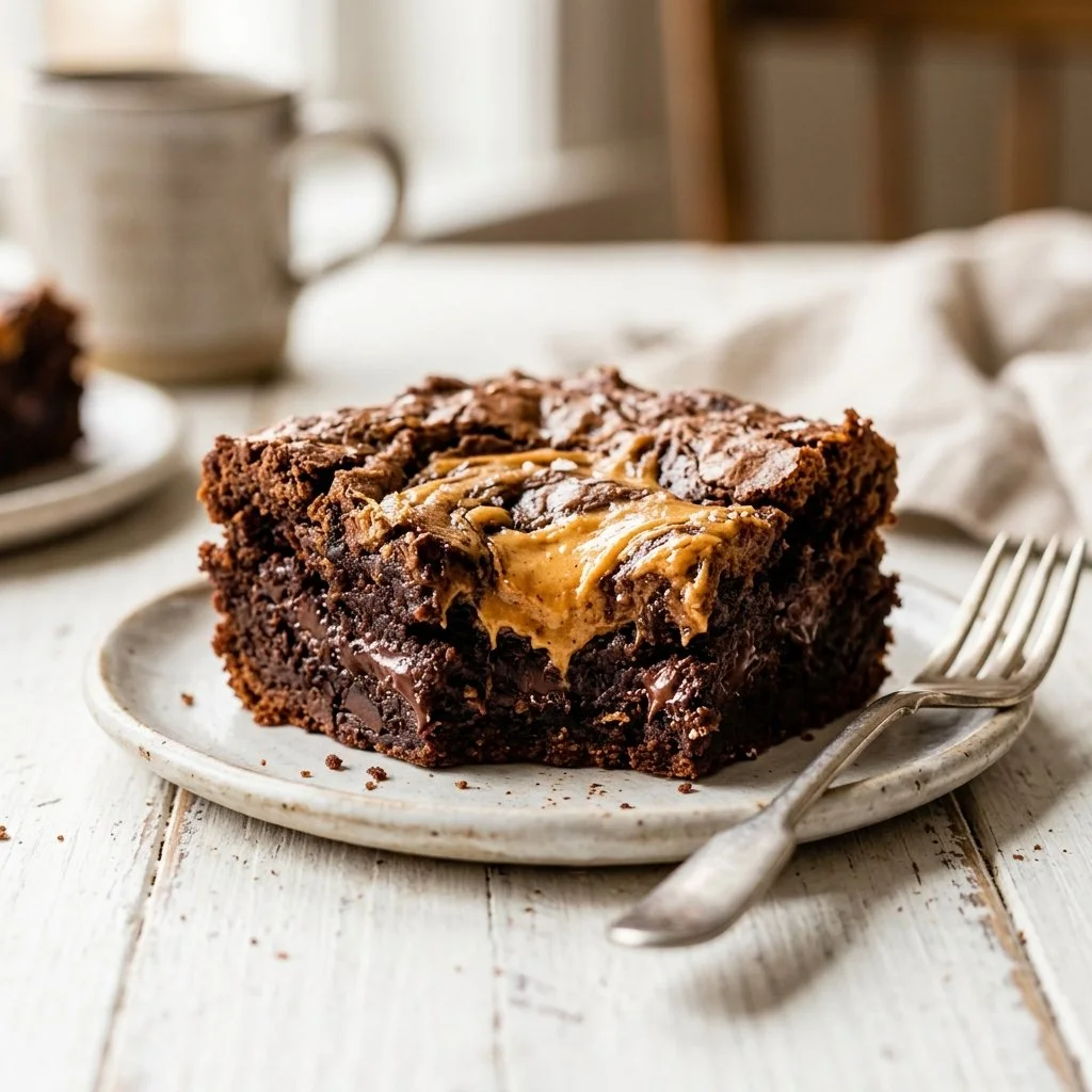 Delicious homemade Peanut Butter Brownies topped with creamy frosting.